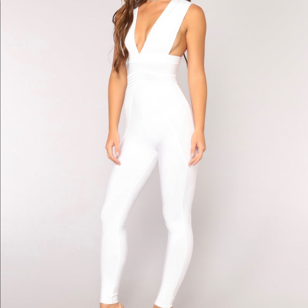Fashion Nova Hot Like Fire Bandage Jumpsuit, White- Medium